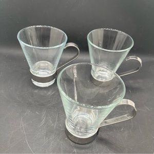BORMIOLI 3 Glasses W/stainless steel 8oz glass Mug ITALIAN COFFEE ESPRESSO